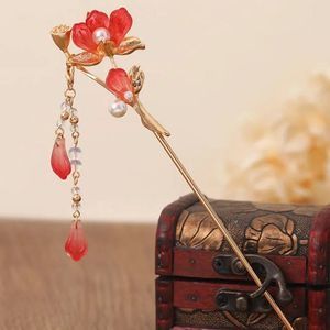 Handcrafted Oriental Red Lotus Golden Hairpin | Traditional Retro Hair S…